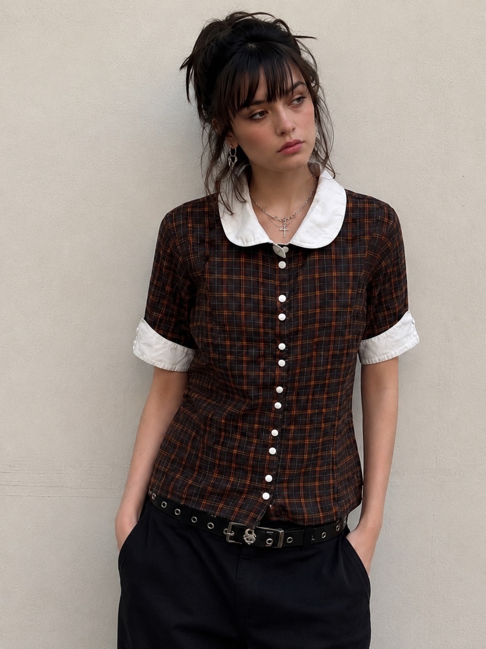 Vintage ETNIES Plaid Contrast Collar Skate Top Y2K Indie Grunge